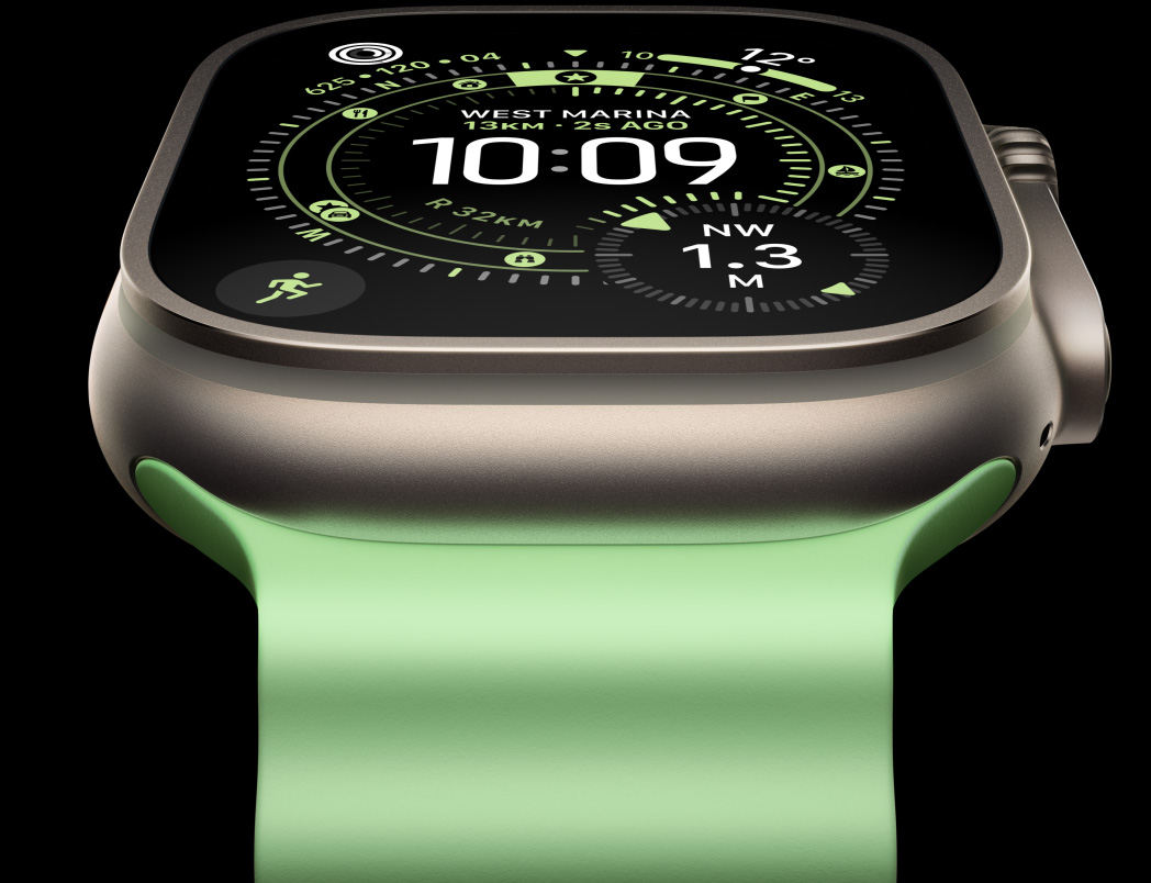 Apple Watch Ultra 3, titāna ietvars, dabīga krāsa, kompass Orienteering ciparnīcā, Ocean Band, neona za?a krāsa