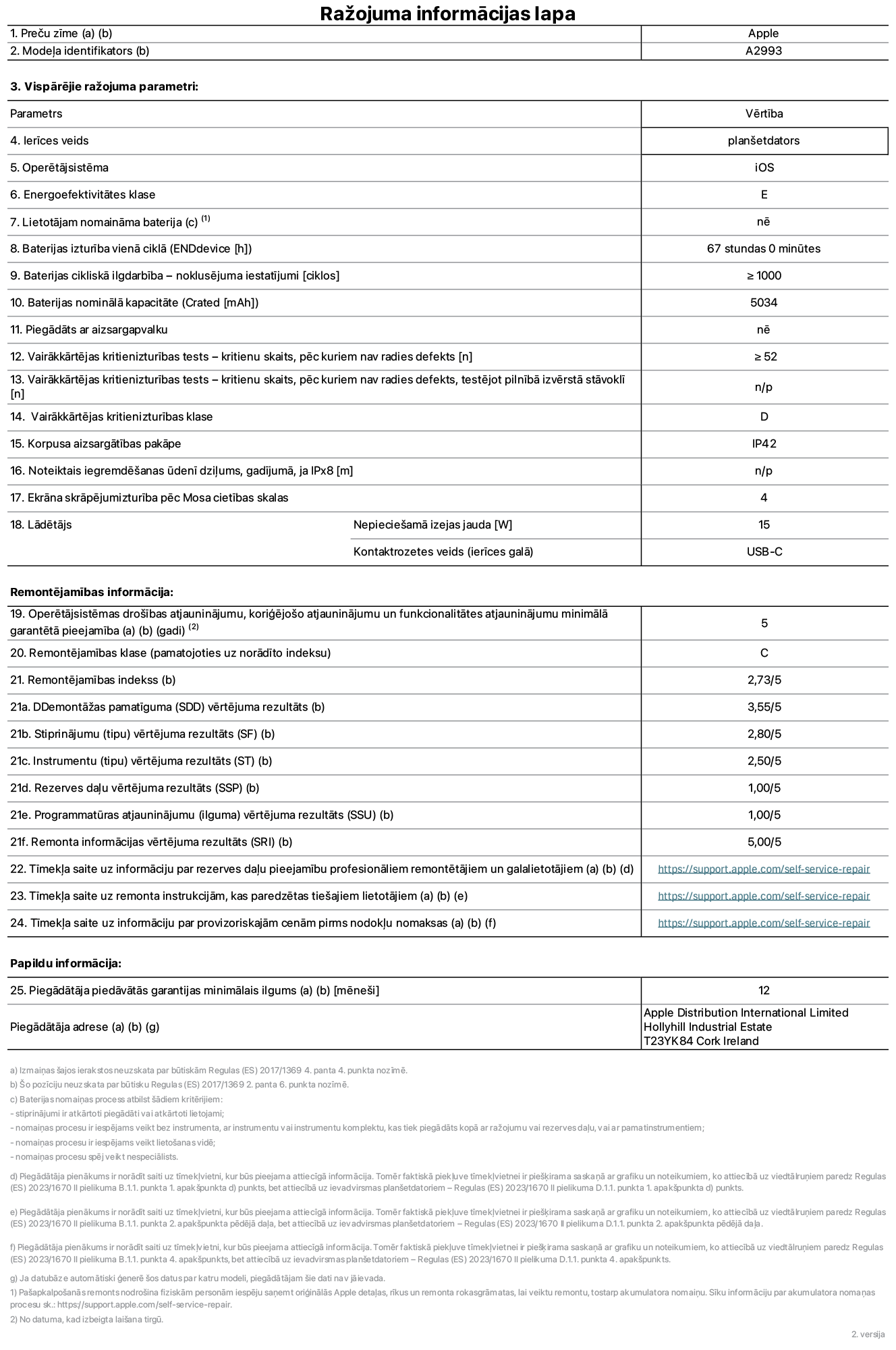 Produkta informācijas lapa – iPad mini Wi-Fi, modelis A2993. Piegādātājs: Apple Distribution International Ltd, Hollyhill Industrial Estate. Korka, īrija T23 YK84. Ierīces veids: plan?etdators. Operētājsistēma: iOS. Energoefektivitātes klase: E. Lietotāja pa?a spēkiem nomaināms akumulators: nē. Akumulatora izturība: 67 stundas. Akumulatora cikliskā izturība: lielāka par vai vienāda ar 1000. Akumulatora nominālā kapacitāte: 5034 mAh. Vairākkārtējas kritienizturības tests – kritienu skaits, pēc kuriem nav radies defekts: lielāks par vai vienāds ar 52. Vairākkārtējas kritienizturības klase: D. Korpusa aizsargātības pakāpe: IP42. Ekrāna skrāpējumizturība pēc Mosa cietības skalas: 4. Lādētājam nepiecie?amā izejas jauda: 15 W. Lādētāja kontaktrozetes veids: USB-C. Operētājsistēmas dro?ības atjauninājumu, kori?ējo?o atjauninājumu un funkcionalitātes atjauninājumu minimālā garantētā pieejamība: 5 gadi. Remontējamības klase: C. Remontējamības indekss: 2,73/5. Demontā?as pamatīguma vērtējuma rezultāts: 3,55/5. Stiprinājumu vērtējuma rezultāts: 2,80/5. Instrumentu vērtējuma rezultāts: 2,50/5. Rezerves da?u vērtējuma rezultāts: 1,00/5. Programmatūras atjauninājumu vērtējuma rezultāts: 1,00/5. Remonta informācijas vērtējuma rezultāts: 5,00/5. Tīmek?a saite uz informāciju par rezerves da?u pieejamību profesionāliem remontētājiem un galalietotājiem: https://support.apple.com/self-service-repair. Tīmek?a saite uz remonta instrukcijām, kas paredzētas galalietotājiem: https://support.apple.com/self-service-repair. Tīmek?a saite uz informāciju par provizoriskajām cenām pirms nodok?u nomaksas: https://support.apple.com/self-service-repair. Piedāvātās garantijas standarta ilgums: 12 mēne?i.