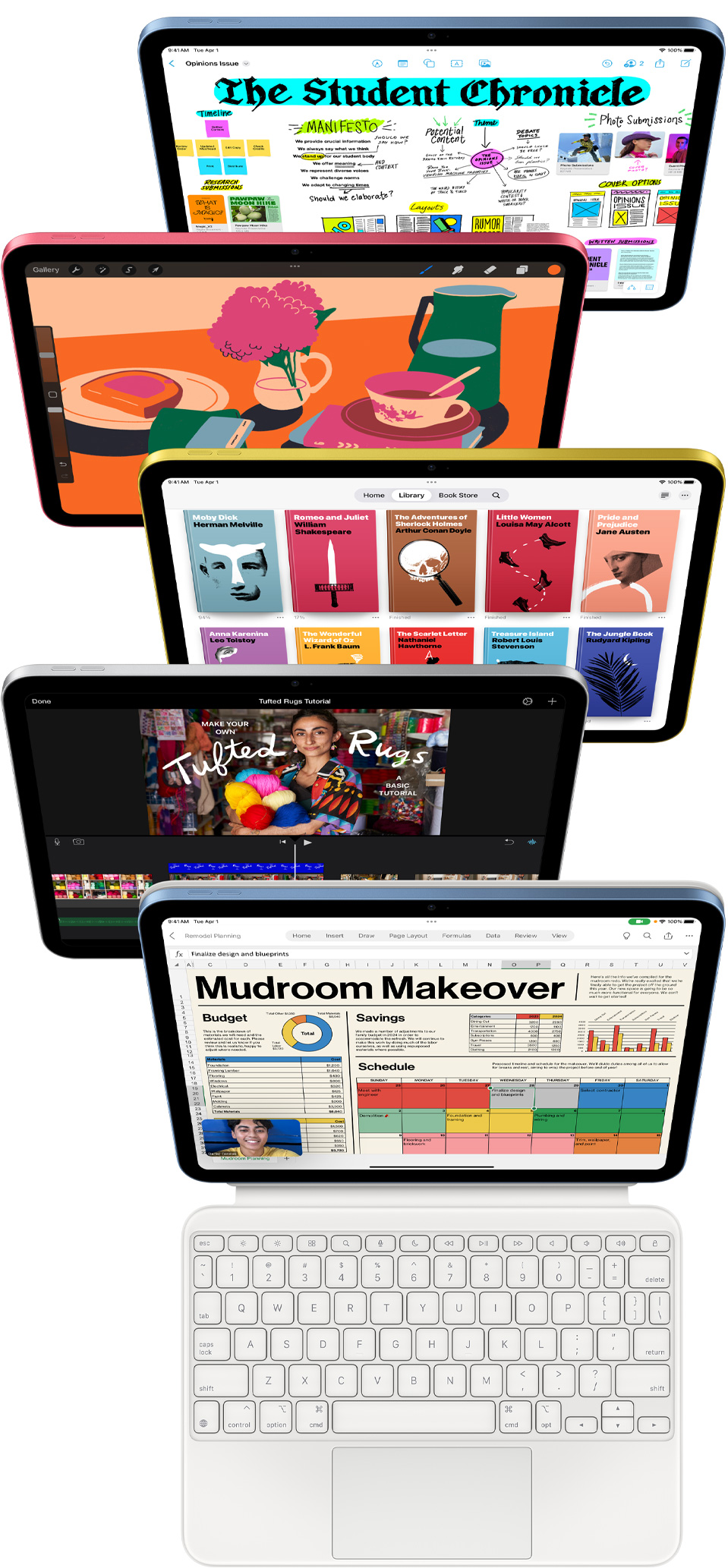 No priek?puses redzami iPad ekrāni ar da?ādām aplikācijām, to skaitā Freeform, ProCreate, Apple Books, iMovie un Excel ar Webex Meetings.
