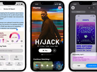 Blakus vairāki iPhone 17e, kuru ekrānos redzams at??irīgs saturs: Writing Tools, Apple TV aplikācija, veido notikumu kalendārā, tiek veidots Genmoji