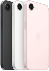iPhone 17e, aizmugures skats un sānskats, melnā krāsā, aizmugures skats un sānskats, baltā krāsā, aizmugures skats un sānskats, maigi rozā krāsā, Fusion kamera aug?pusē, sānu poga