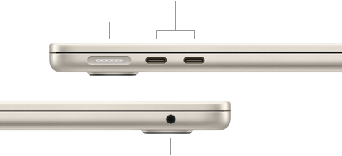 MacBook Air, aizvērts, kreisā puse, redzams MagSafe un divi Thunderbolt porti, labā puse, redzama austi?u ligzda