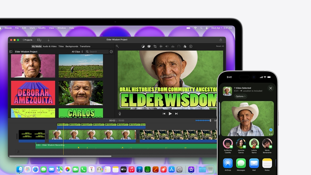 MacBook Neo sudraba krāsā, ekrānā tiek rādīts iMovie logs ar nosaukumu Elder Wisdom Project, blakus iPhone ekrānā tiek rādīts video ar vienu no personām, kas attēlotas iMovie logā, zem video ir kopīgo?anas iespēju saraksts, to skaitā AirDrop