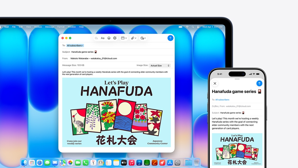 MacBook Neo indigo krāsā blakus iPhone, abos ekrānos redzams tas pats e-pasts, kurā tiek izzi?ots pasākums kopienas centrā