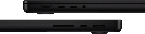 Trīs MacBook Pro porti: kreisajā pusē ir MagSafe 3, divi Thunderbolt porti un austi?u ligzda; labajā pusē ir SDXC kartes slots, viens Thunderbolt ports un HDMI