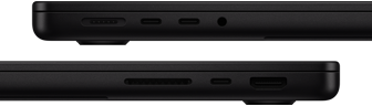 Trīs MacBook Pro porti: kreisajā pusē ir MagSafe 3, divi Thunderbolt porti un austi?u ligzda; labajā pusē ir SDXC kartes slots, viens Thunderbolt ports un HDMI