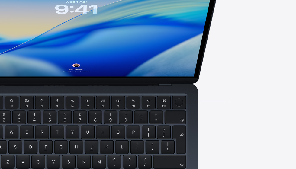 Open MacBook?Air demonstrating the location of the Touch ID button