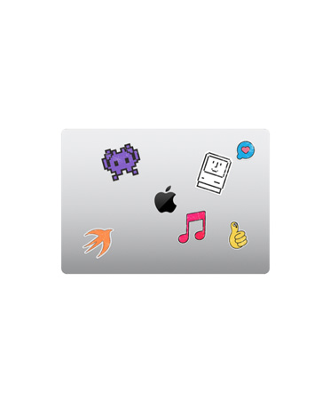 MacBook?Air, top exterior, closed, silver color, multicolored stickers surrounding Apple logo