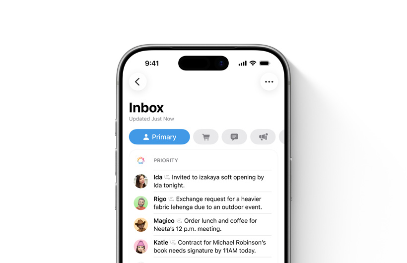 iPhone 展示郵件 app 的收件箱，重要訊息置於頂部