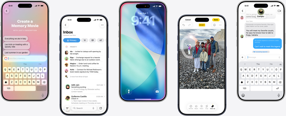 五部 iPhone 裝置分別展示 Apple Intelligence 的功能，包括製作回憶影片、郵件 app 的優(yōu)先訊息、內(nèi)側(cè)發(fā)光的 iOS 鎖定畫面、在相片 app 使用清除工具抹走物件，以及訊息 app 的即時(shí)翻譯。