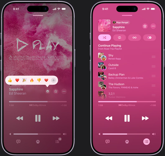 左邊的 iPhone 螢?zāi)簧巷@示正在播放 Ed Sheeran 的《Sapphire》，並出現(xiàn)反應(yīng)表情符號(hào)的提示，選項(xiàng)有豎起拇指、愛(ài)心、慶祝、拇指向下，以及添加其他反應(yīng)；右邊的 iPhone 顯示名為「Road Trip」的合作歌單，當(dāng)中包含多首由其他提供者加入的歌曲