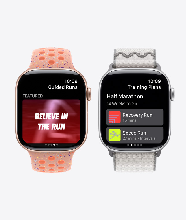 兩部 Apple Watch Series 11 裝置展示 Nike Run Club app，分別展示跑步指導功能及訓練計劃功能
