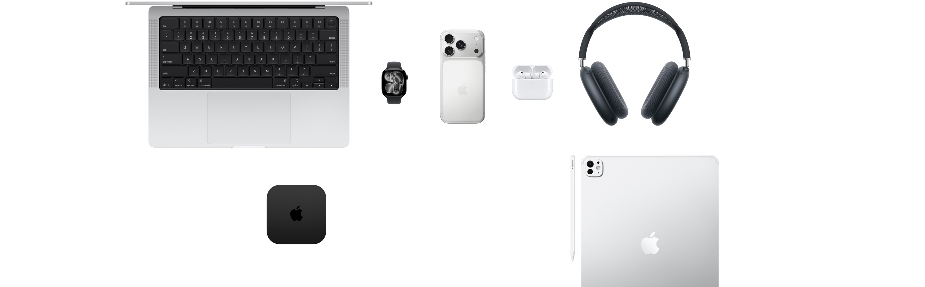多款 Apple 產(chǎn)品展現(xiàn)眼前，包括 MacBook、Apple Watch Series 11、iPhone 17 Pro、AirPods Pro 3、AirPods Max 2、Apple TV、Apple Pencil Pro 和 iPad Pro
