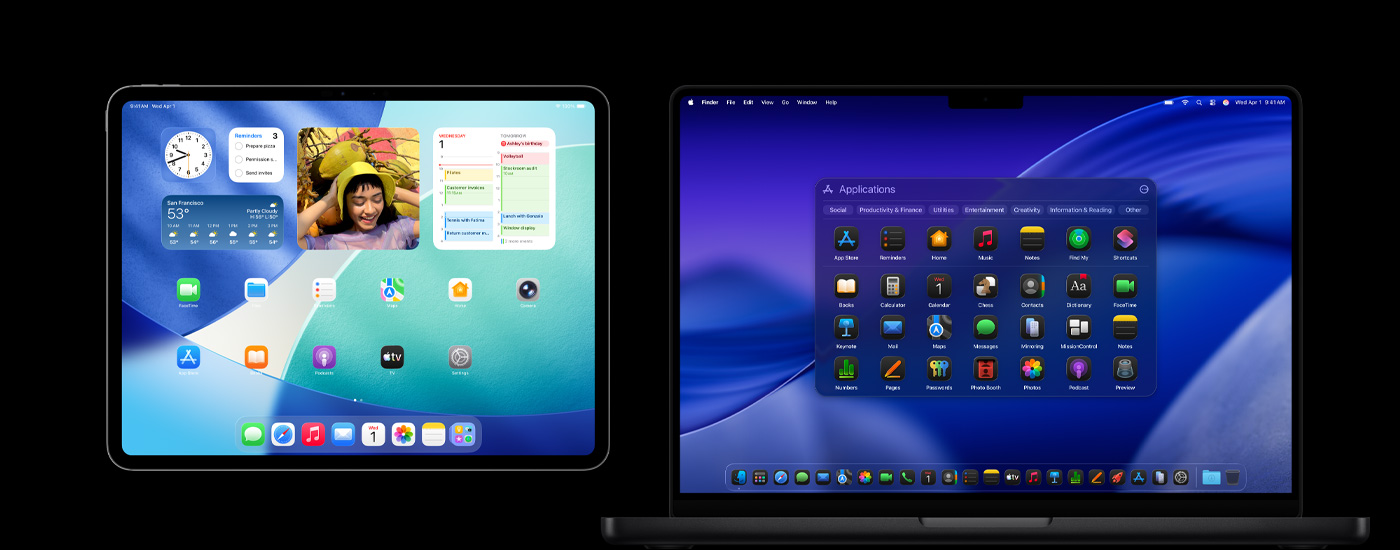 iPad 和 Mac 上顯示各式 app 圖像，iPad 上展示日曆、天氣和相片等各種小工具。Mac 的背景是 macOS Tahoe。