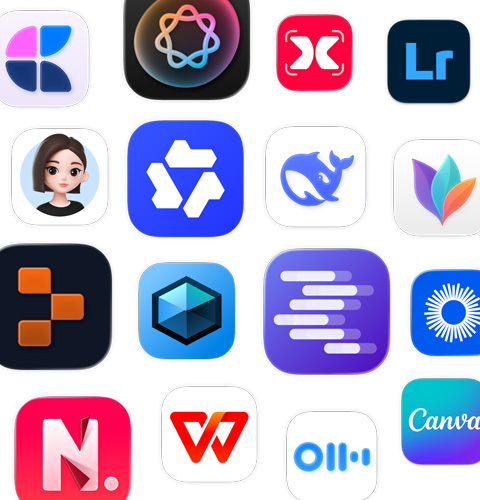 一系列 AI app 圖像，包括 MindNode、Adobe Lightroom、豆包和千問。