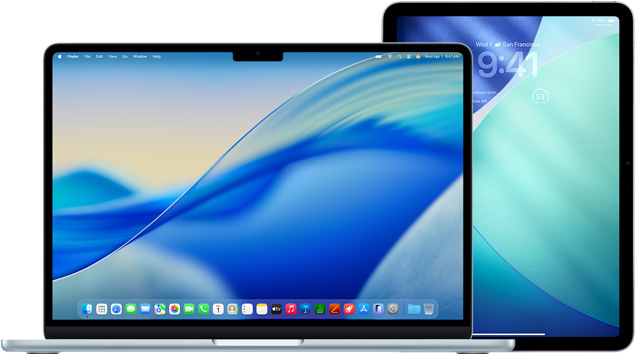 左邊是 MacBook，右邊是 iPad，螢?zāi)伙@示相似的藍(lán)色與綠色背景圖片。