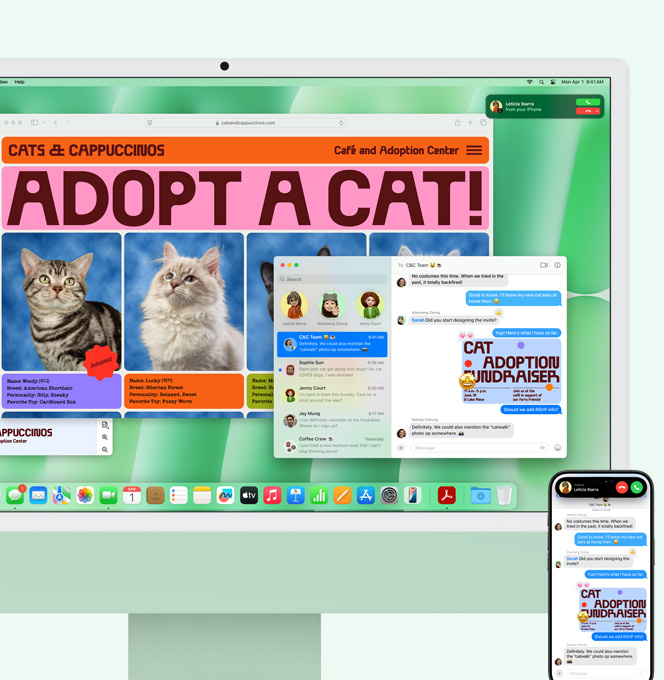 綠色 iMac 和 iPhone 並排展示，iMac 螢?zāi)伙@示 iPhone 的來電通知。兩部裝置顯示訊息 app 中相同的文字對話內(nèi)容
