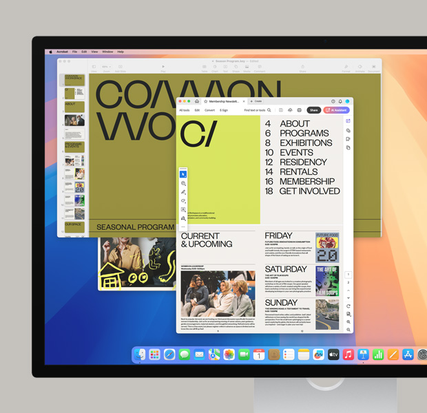色彩繽紛的螢?zāi)划?huà)面，顯示 Dock 上不同種類(lèi)的 app、Safari，以及操作中的 Adobe Acrobat。