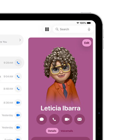 iPad 螢?zāi)挥仪胺秸故驹陔娫?huà) app 開(kāi)啟聯(lián)絡(luò)人卡片，並設(shè)有訊息和通話(huà)等選項(xiàng)