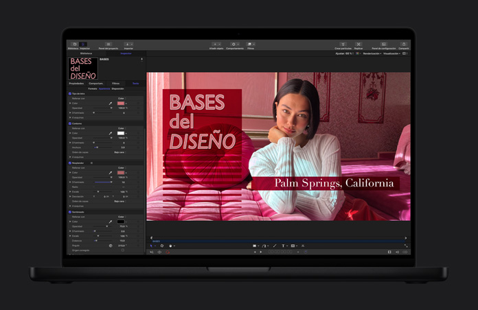 Pantalla de una MacBook Pro de 16 pulgadas, Final Cut Pro, dise?o gráfico, superposición de tipografía, persona con un suéter blanco, muebles rosa, habitación rosa