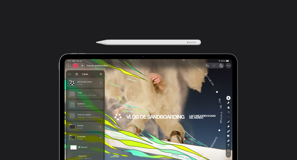 Apple Pencil sobre un iPad Pro de 13 pulgadas, en la pantalla se ve el kit de herramientas de dise?o gráfico, kit de herramientas para capas de Pixelmator Pro, un archivo de vlog de sandboarding