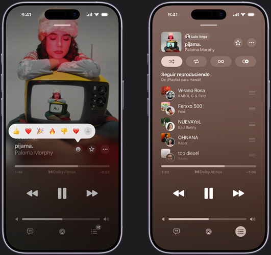 El iPhone a la izquierda muestra “pijama.” de Paloma Morphy reproduciéndose en la pantalla del iPhone con opciones para reaccionar con emojis que incluyen pulgar hacia arriba, corazón, celebración, pulgar hacia abajo y un botón para elegir otras reacciones. El iPhone a la derecha muestra una playlist colaborativa llamada “?Playlist para Hawái!” con varias canciones agregadas por diferentes personas