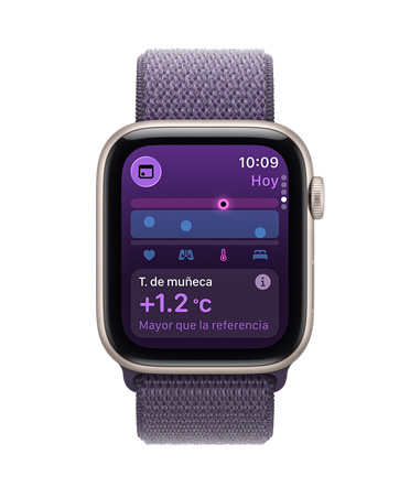 Apple Watch SE 3, caja de aluminio, color blanco estelar, datos de temperatura de la mu?eca, parte lateral derecha, Digital Crown, correa loop deportiva, color morado niebla