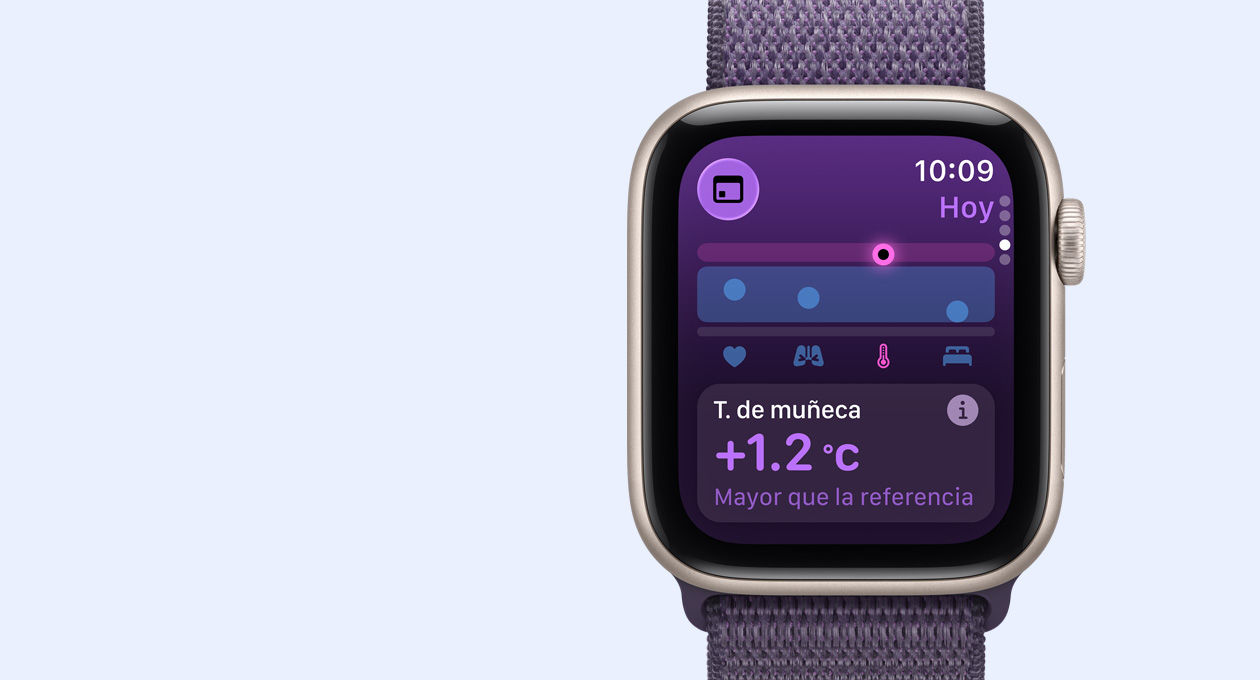 Apple Watch SE 3, caja de aluminio, color blanco estelar, datos de temperatura de la mu?eca, parte lateral derecha, Digital Crown, correa loop deportiva, color morado niebla