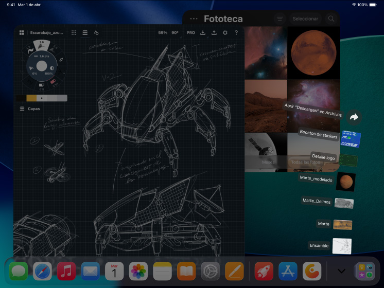 3 dispositivos iPad Pro, parte frontal, en posición horizontal, negro espacial, Apple Pencil Pro en el borde superior del iPad Pro, 3 pantallas que muestran apps de edición de fotos con proyectos abiertos de una modelo con fondo rojo, bocetos de dise?os mecánicos con herramientas de ajuste de color, fototeca, archivos de la carpeta de descargas ubicados en forma de abanico, software de modelado 3D con formas geométricas, notas escritas a mano y fórmulas