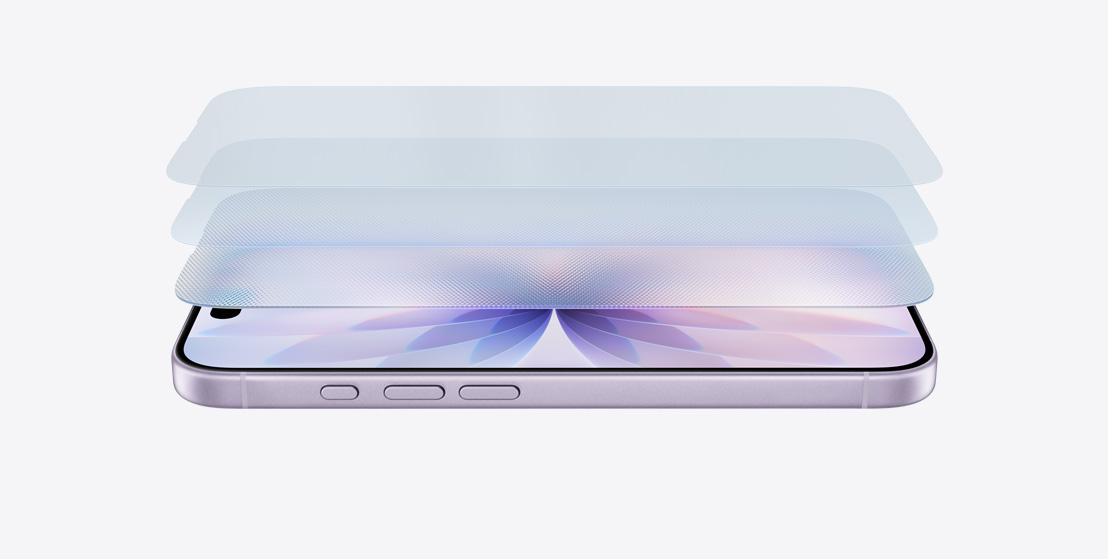 Vista en ángulo lateral de un iPhone 17 color lavanda en horizontal, con un dise?o que muestra las capas de Ceramic Shield 2