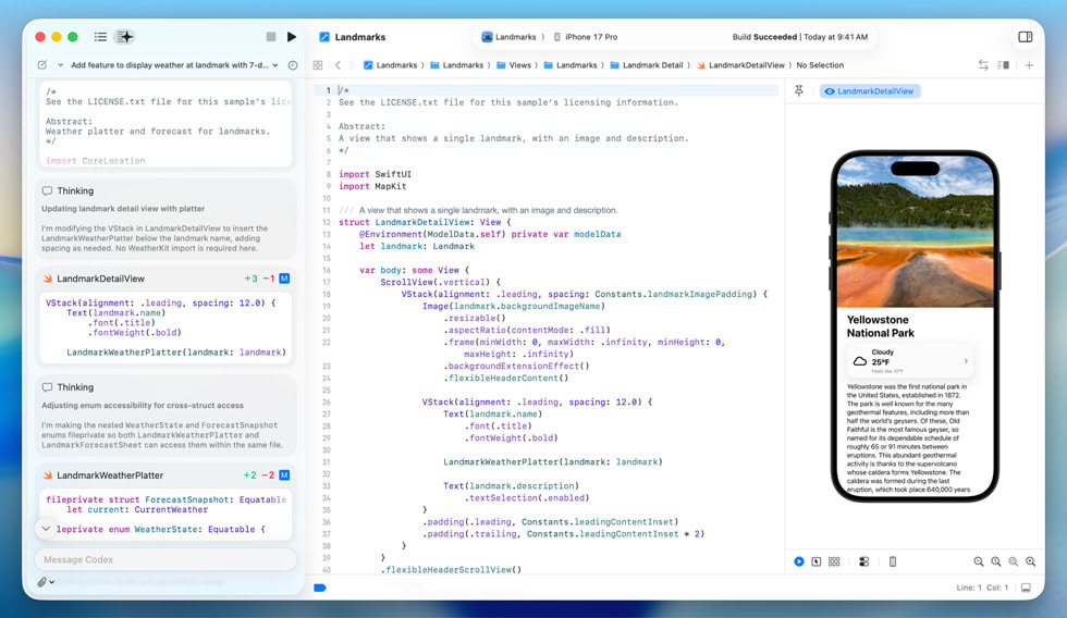 In Xcode, a developer uses agentic coding for an iPhone app showing a detailed view of Yellowstone National Park.