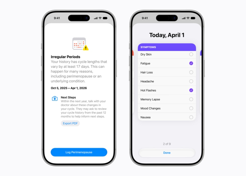 Un iPhone 17 Pro mostra la schermata Monitoraggio ciclo con un avviso di mestruazioni irregolari, mentre un secondo iPhone 17 Pro mostra una schermata che chiede all’utente di annotare gli eventuali sintomi riscontrati, come stanchezza, vampate di calore o sbalzi d’umore.