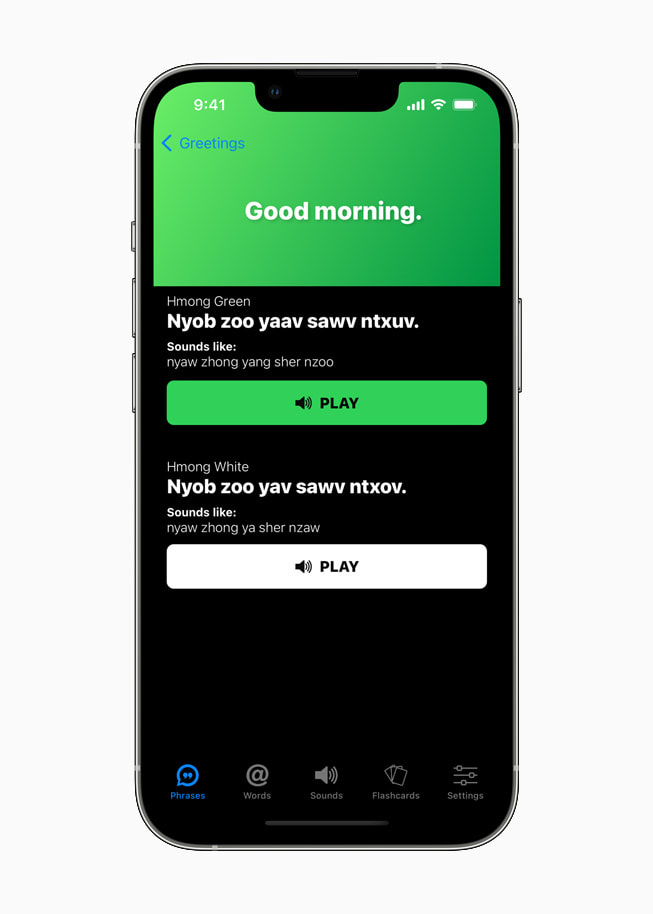 Se muestra a un usuario la pronunciación para “Buenos días” en la app HmongPhrases.