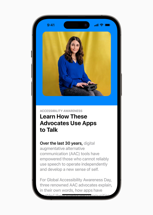Se muestra la sección destacada "Concientización de la accesibilidad" del App Store en un iPhone 14 Pro. 