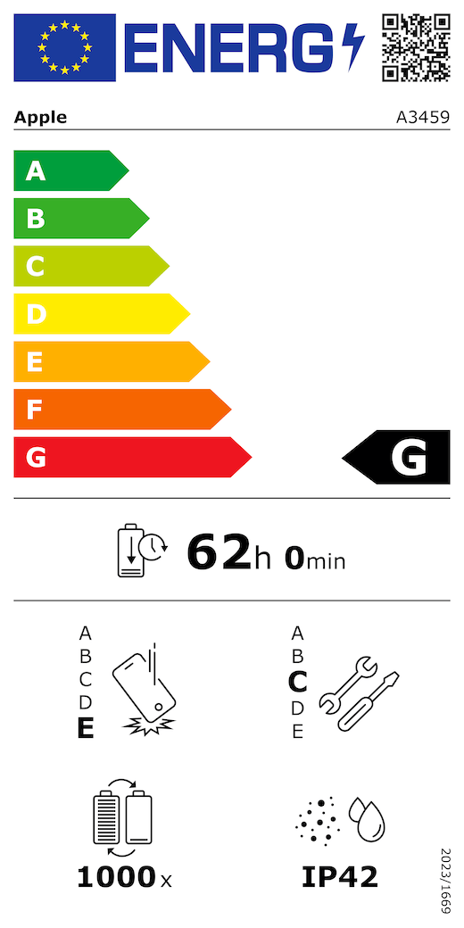 Etykieta energetyczna UE, kod QR i informacje, model Apple A3459, klasa G, klasy efektywno?ci energetycznej (w skali od A do G), od A (najwy?sza efektywno??) do G (najni?sza efektywno??), trwa?o?? baterii na cykl, 62 godziny i 0 minut na pe?ne na?adowanie baterii, wytrzyma?o?? na spadki swobodne wielokrotne klasy E, od A (najwi?ksza solidno??) do E (najmniejsza solidno??), mo?liwo?? naprawy klasy C, od A (najwi?ksza mo?liwo?? naprawy) do E (najmniejsza mo?liwo?? naprawy), trwa?o?? baterii w cyklach 1000, ochrona przed wnikaniem py?u i wody (IP) klasy IP42, rozporz?dzenie 2023/1669