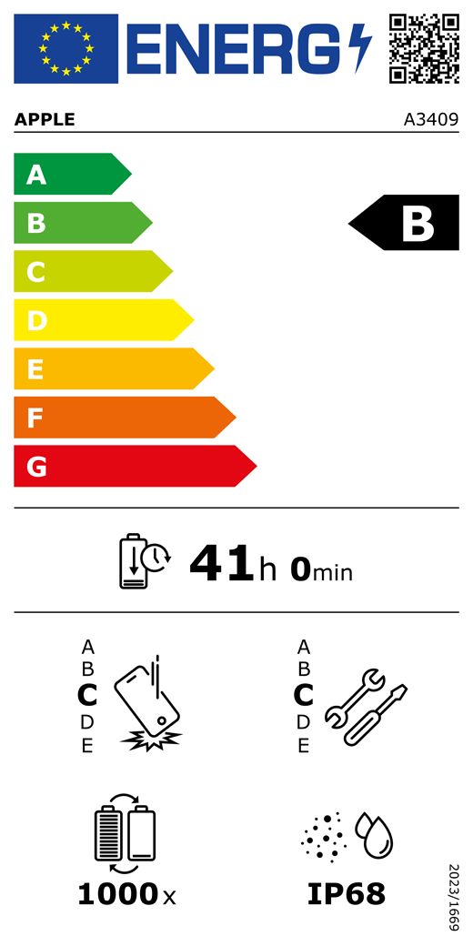 Etykieta energetyczna?UE, kod?QR i?informacje, model Apple A3409, klasa?B, klasy efektywno?ci energetycznej (w?skali od?A do?G), od?A (najwy?sza efektywno??) do?G (najni?sza efektywno??), trwa?o?? baterii na cykl, 41?godzin i?0?minut na pe?ne na?adowanie baterii, wytrzyma?o?? na spadki swobodne wielokrotne klasy?C, od?A (najwi?ksza solidno??) do?E (najmniejsza solidno??), mo?liwo?? naprawy klasy?C, od?A (najwi?ksza mo?liwo?? naprawy) do?E (najmniejsza mo?liwo?? naprawy), trwa?o?? baterii w?cyklach 1000, ochrona przed wnikaniem py?u i?wody (IP) klasy?IP68, rozporz?dzenie 2023/1669