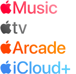 Logo us?ug subskrypcji Apple, w tym Apple Music, Apple TV, Apple Arcade, iCloud+