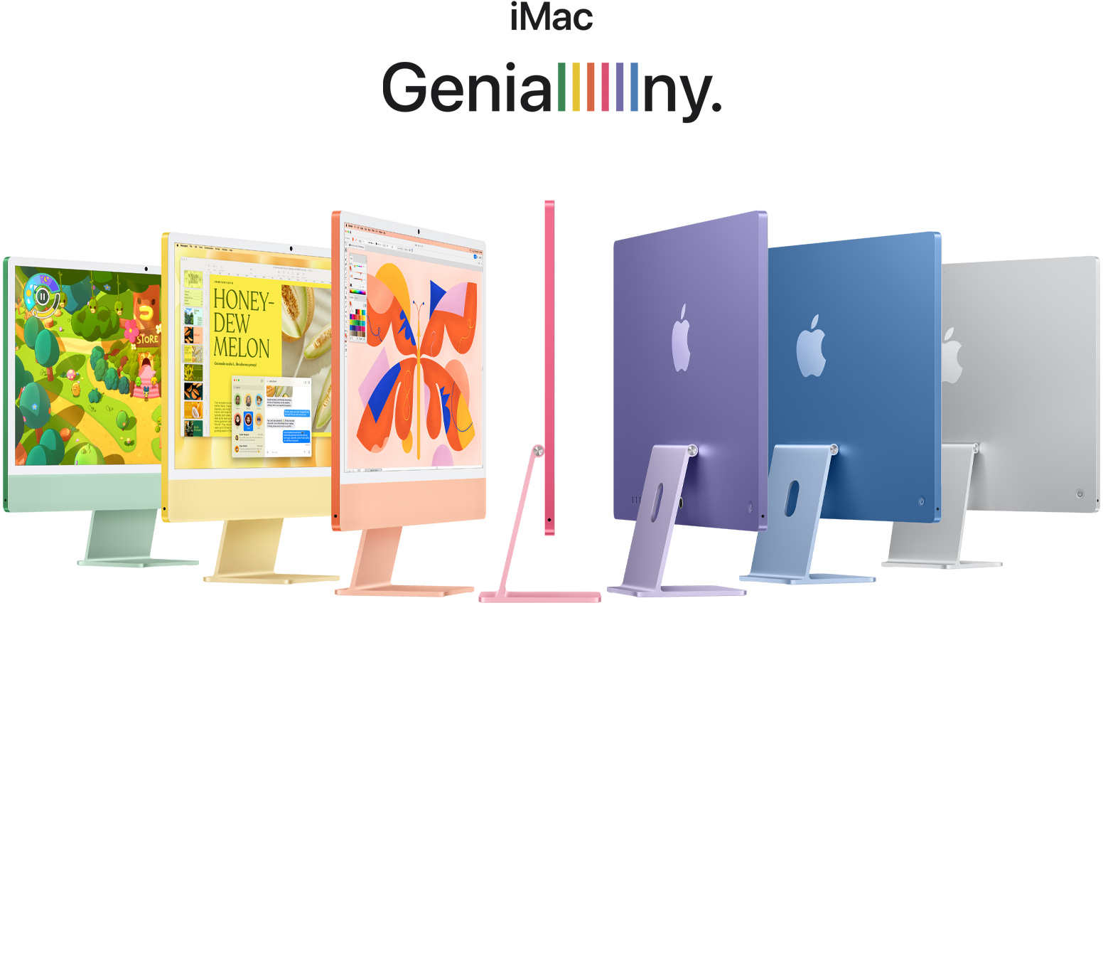 7 komputerów iMac w?ró?nych kolorach (zielony, ?ó?ty, pomarańczowy, ró?owy, fioletowy, niebieski, srebrny) ustawionych harmonijkowo