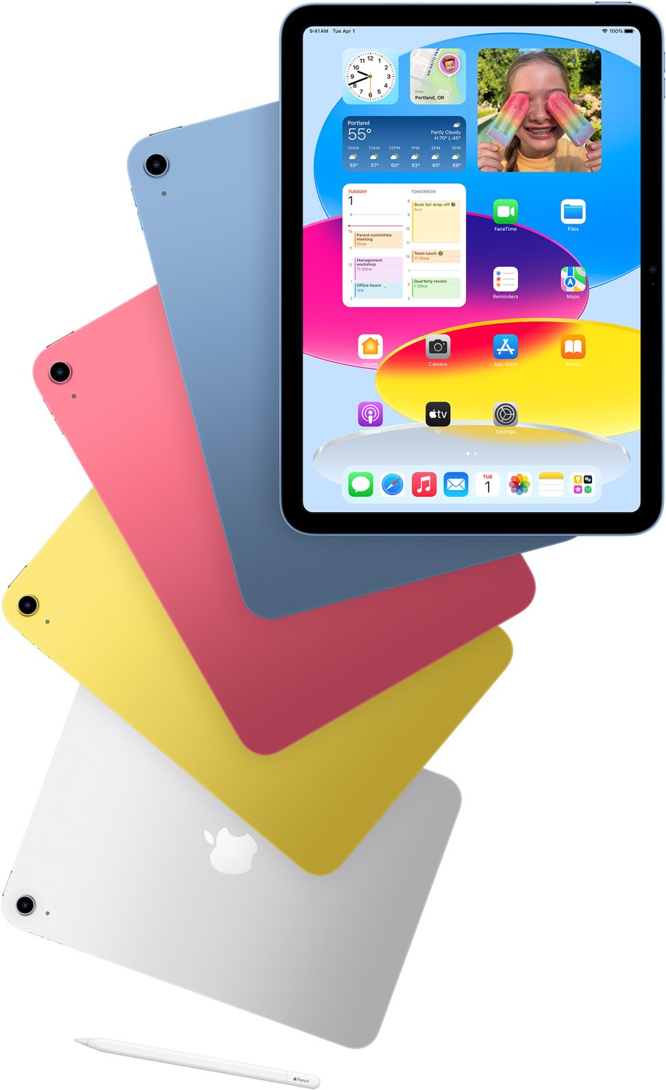 Widoczny od przodu iPad z w??czonym ekranem pocz?tkowym i wy?aniaj?ce si? zza niego zwrócone ty?em iPady w kolorach niebieskim, czerwonym, ?ó?tym i srebrnym. Przy u?o?onych kaskadowo iPadach le?y Apple Pencil.