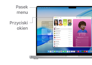 Przegl?d elementów nawigacyjnych w macOS na MacBooku Pro 14″ z liniami oznaczaj?cymi po?o?enie paska menu, przycisków okien i Docka.