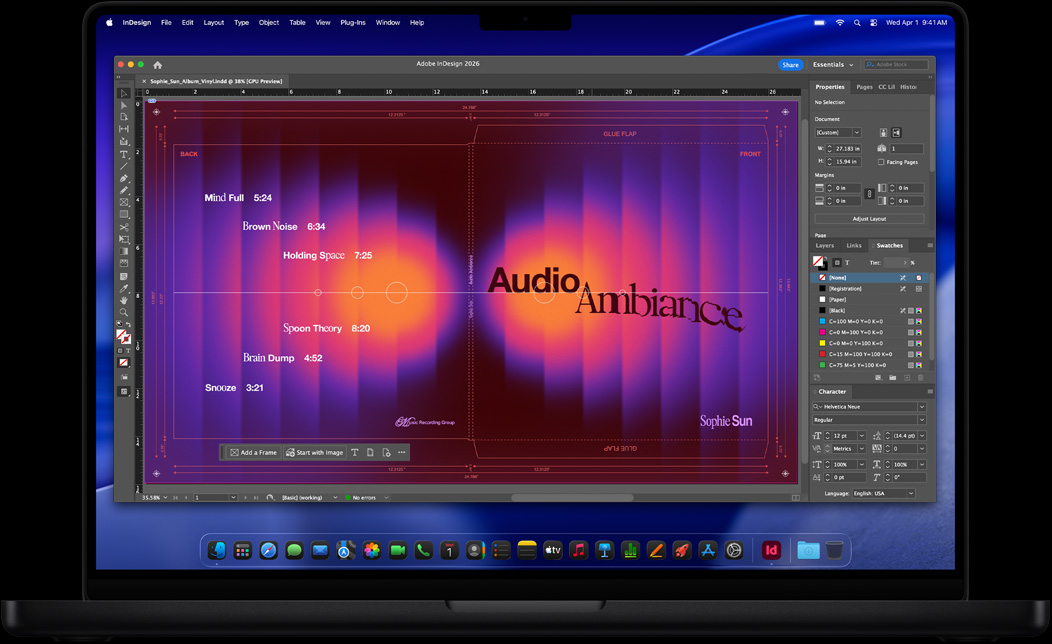 Ekran MacBooka Pro przedstawiaj?cy aplikacj? Adobe InDesign, w której tworzona jest ok?adka p?yty winylowej