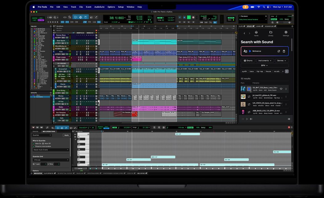 Ekran MacBooka Pro przedstawiaj?cy aplikacj? Pro Tools, w której edytowany jest utwór