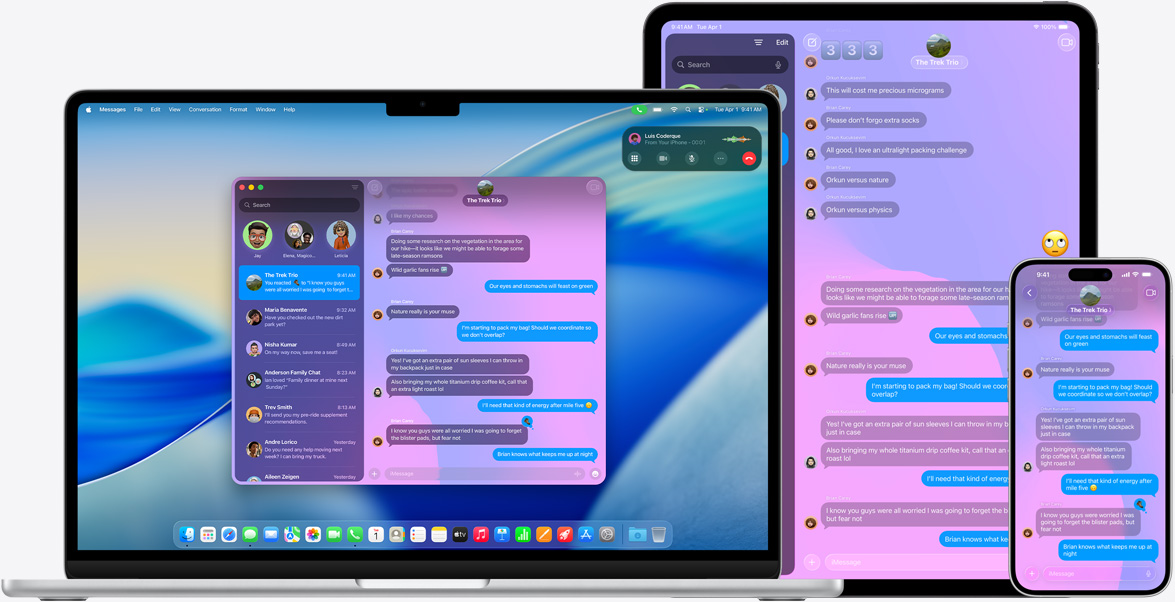 Produkty Apple: 15?calowy MacBook Air, 13?calowy iPad Pro i iPhone 16 Plus; na ka?dym ekranie wida? t? sam? rozmow? w iMessage