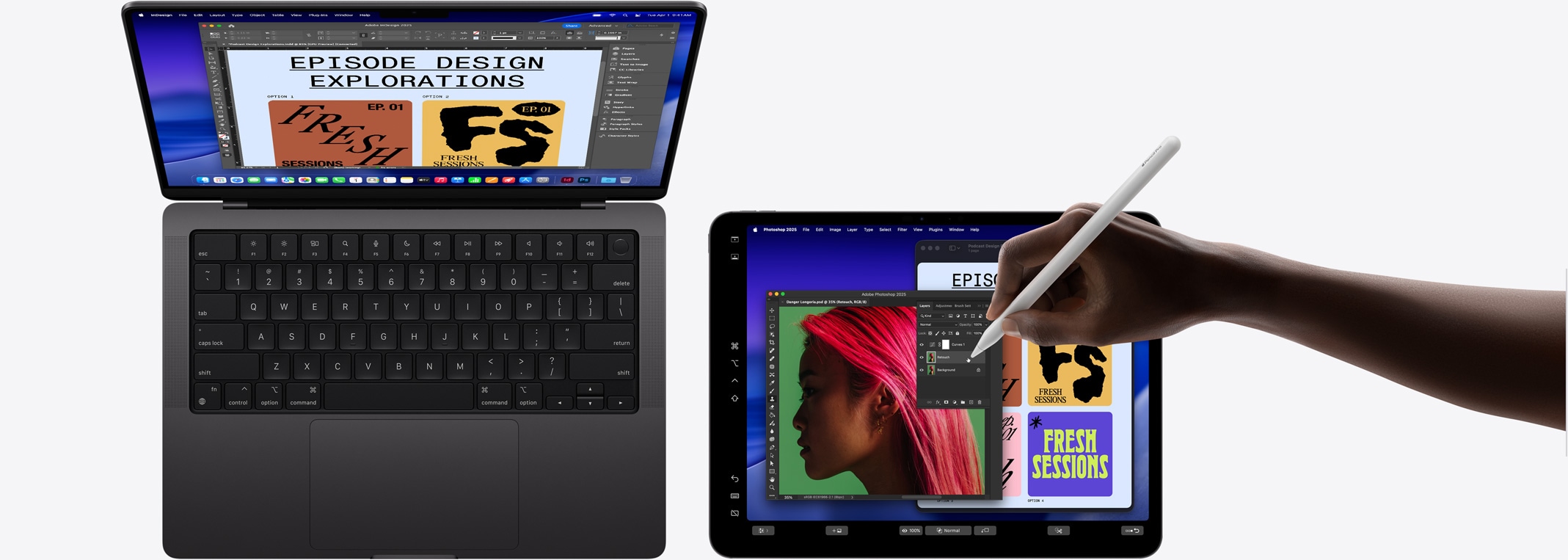 14?calowy MacBook Pro, 13?calowy iPad Pro u?yty jako rozszerzenie ekranu MacBooka, d?oń z Apple Pencil Pro edytuj?ca obraz na iPadzie