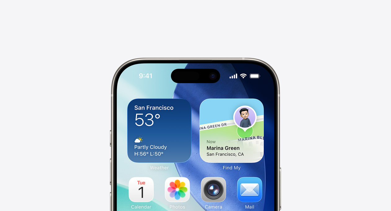 Górna cz??? ekranu iPhone’a z ekranem g?ównym oraz wid?etami Pogoda i Znajd?