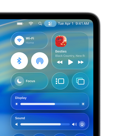 Prawa strona ekranu Maca z elementami steruj?cymi w?Centrum sterowania takimi jak Wi‑Fi i?Bluetooth, spersonalizowanymi w?stylu Liquid?Glass