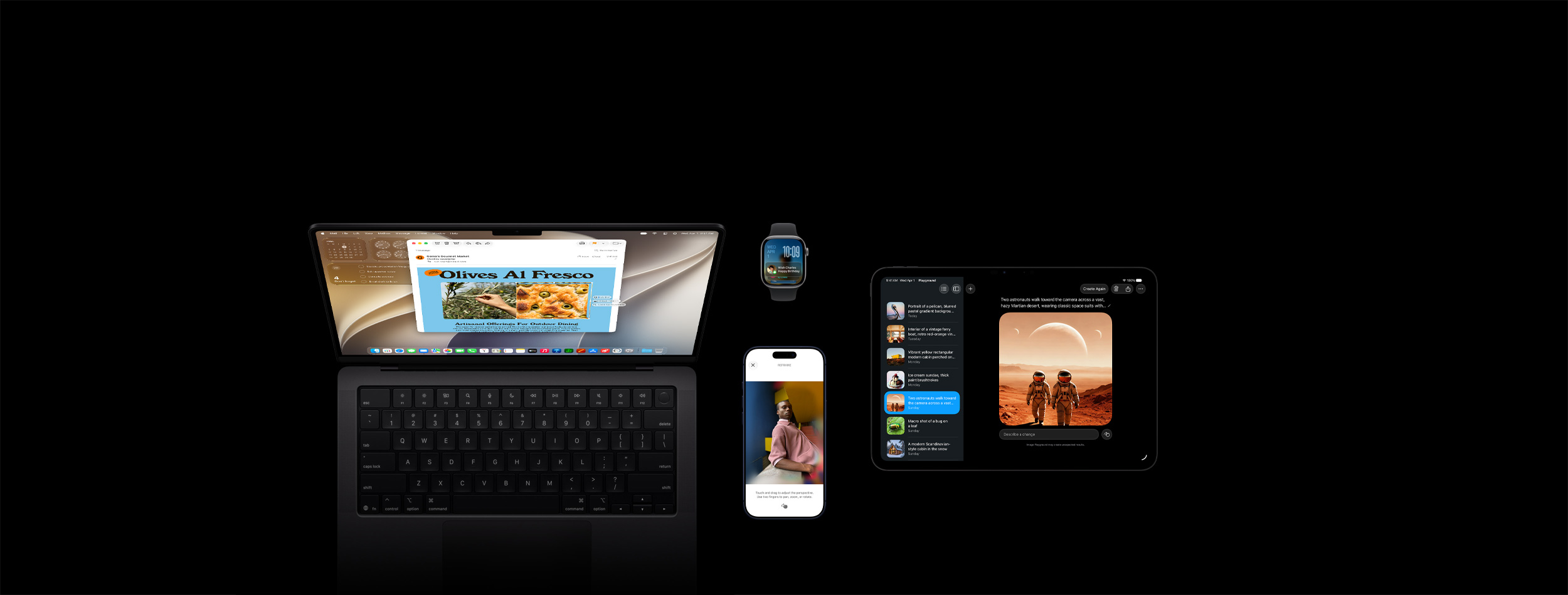 Cztery produkty, w tym iPhone 17 Pro w kolorze g??binowego b??kitu z widoczn? funkcj? edycji zdj?? Przekadruj na przyk?adzie zdj?cia m??czyzny opartego o lad?, Apple Watch Series 11 w rozmiarze 46 mm w kolorze gwiezdnej szaro?ci z widoczn? dat? i zablokowanym ekranem z przypomnieniem o dniu urodzin, MacBook Pro 14 cali w kolorze gwiezdnej czerni z widoczn? funkcj? Inteligencja wizualna i ze zrzutem ekranu przedstawiaj?cym focacci? z oliwkami z mejla i zapytania Siri o ten obraz oraz iPad Pro 11 cali w kolorze gwiezdnej czerni