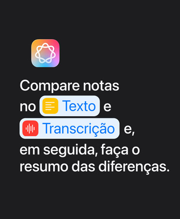 ícone da Apple Intelligence e prompt de texto: "Compare notas no Texto e Transcri??o, e veja o resumo das diferen?as"