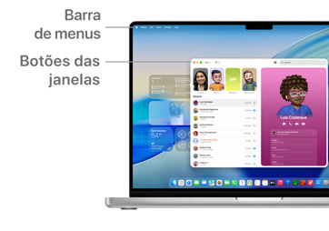 Visita guiada à navega??o do macOS, como a barra de menus na parte superior do ecr? do dispositivo MacBook e Dock.