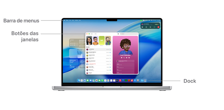 Visita guiada à navega??o do macOS do MacBook Pro 14", com linhas a indicar a localiza??o da barra de menus, os bot?es das janelas e a Dock.